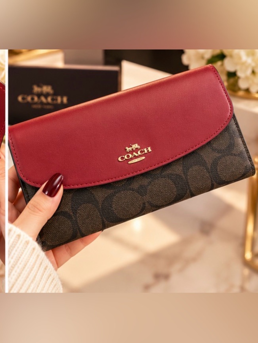 Coach Burgundy and Brown Signature Flap Continental Wallet